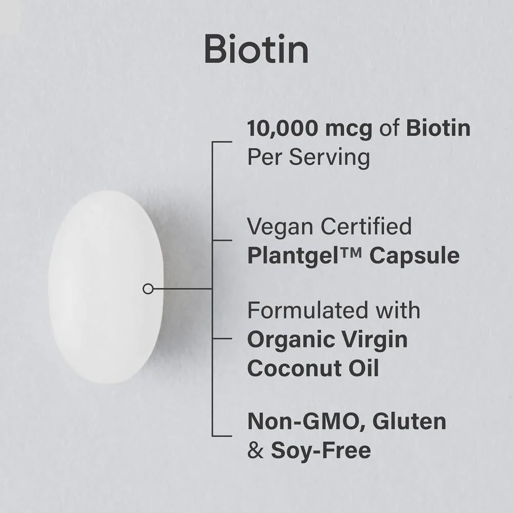 Biotina con aceite de coco para piel y cabello, no transgénicos, sin gluten, 120 minicápsulas vegetarianas